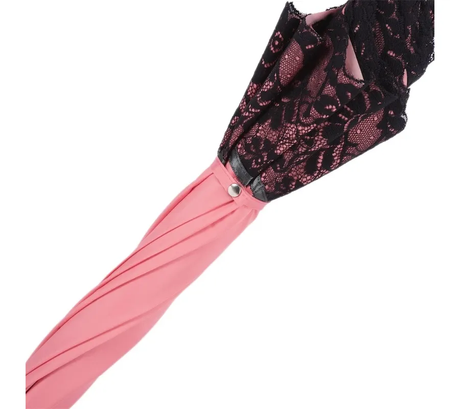 obrazek 6 Stylowy różowy parasol damski zdobiony czarną koronką – Pasotti