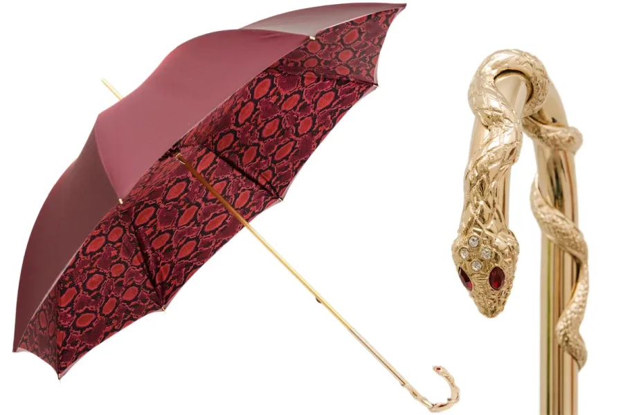obrazek 1 Piękny stylowy bordowy parasol damski zdobiony wzorem skóry pytona z rączką –pytonem – Pasotti