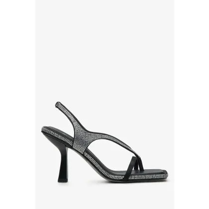 Zdjęcie Estro: Czarne sandały damskie z cienkich pasków na obcasie z kryształkami