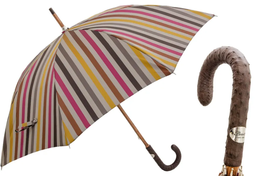 obrazek 1 Piękny parasol męski w wielokolorowe paski z oryginalną rączką - Pasotti