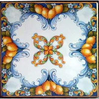 Picture Square garden countertop made of lava decorated with a fruit ornament – Ceramiche Valchida