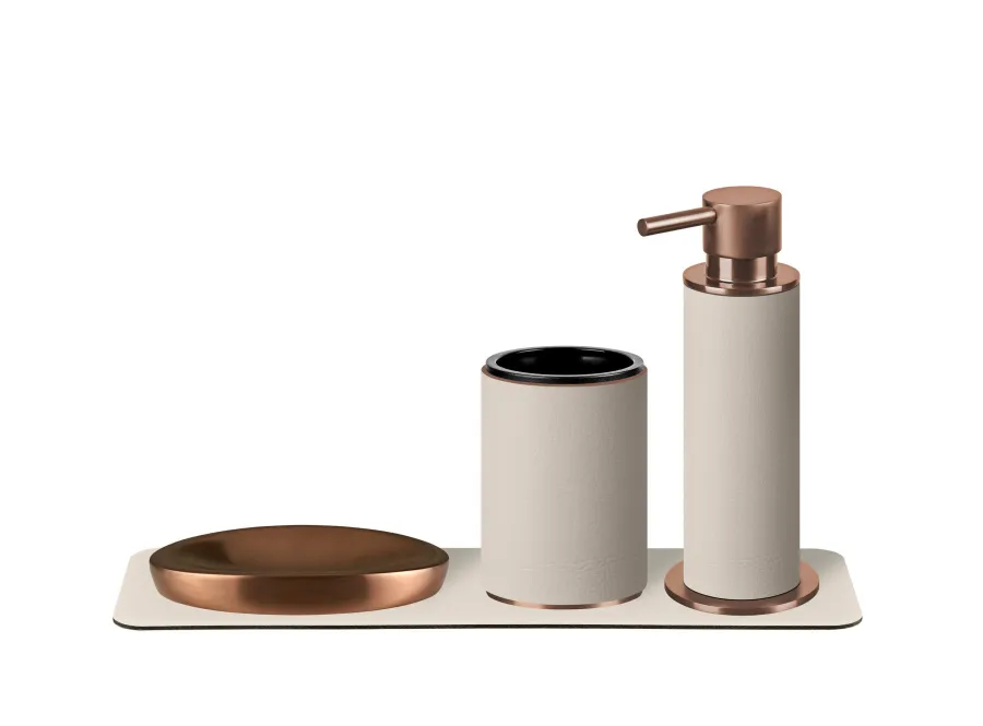 obrazek 2 Dozownik do łazienki Ø7xH19 cm w kolorze waniliowym z miedzianym wykończeniem