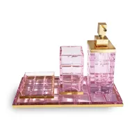 Zdjęcie Wyjątkowy komplet łazienkowy w kolorze różowym – kubek na szczoteczkę, pojemnik na mydło, pojemnik na mydło w płynie oraz taca do stylowej łazienki – 3SC