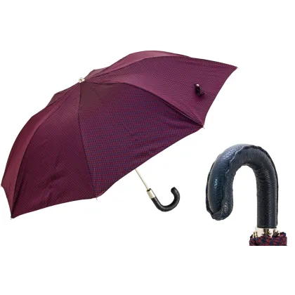 Picture A unique men's umbrella in red and navy blue with a small pattern and a leather handle - Pasotti