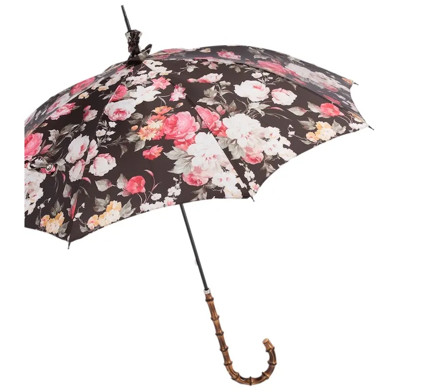 obrazek 8 Wyjątkowy ciemnobrązowy parasol damski w piękne kwiaty - Pasotti