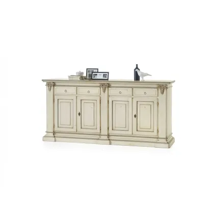 Zdjęcie Kredens z 4 drzwiami i 4 szufladami z lakierowaną rzeźbą z antycznym wykończeniem w kolorze kości słoniowej i gołębioszarymi ornamentami - Zanini