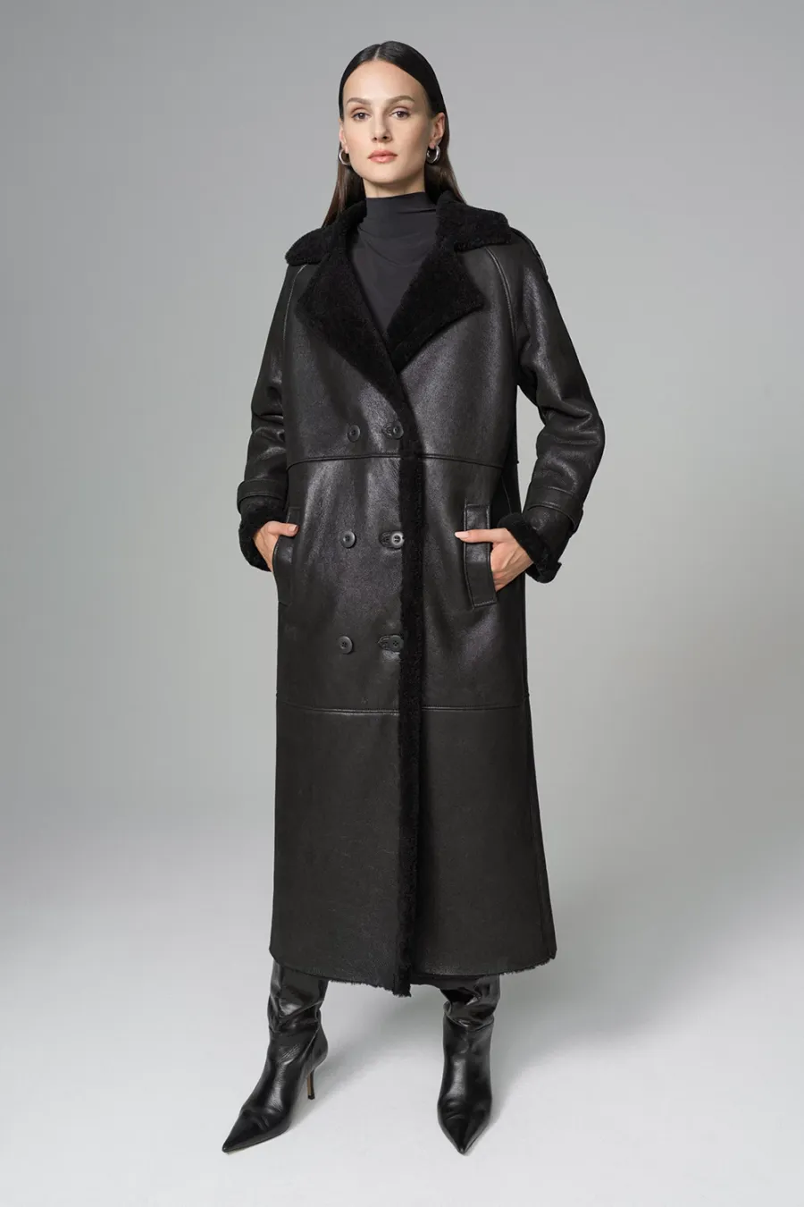 obrazek 5 Luksusowy oversize'owy płaszcz z owczej skóry