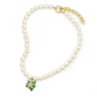 Picture Italian freshwater pearl necklace. 18K gold plated pendant with white zircons and green enamel
