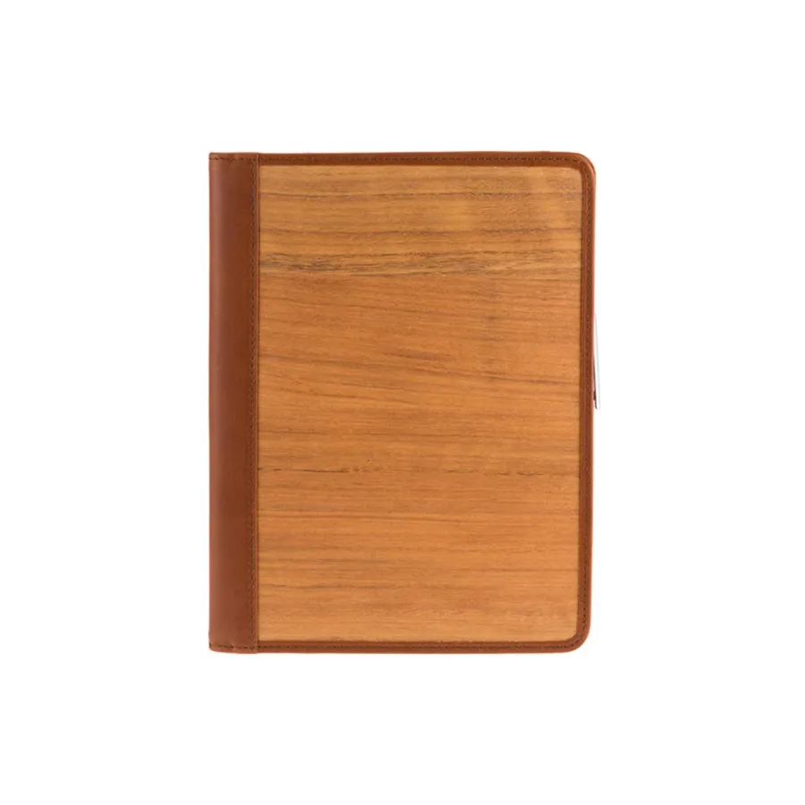 obrazek 3 Eleganckie etui do notowania A5 z gładkiej skóry w kolorze koniaku i drewna Amazaque