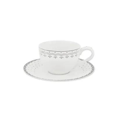 Zdjęcie Ekskluzywna filiżanka ze spodkiem z porcelany zdobiona szarym ornamentem z kolekcji HyggeLine – Leander