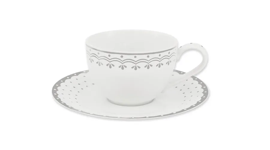 obrazek 1 Ekskluzywna filiżanka ze spodkiem z porcelany zdobiona szarym ornamentem z kolekcji HyggeLine – Leander