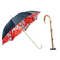 Picture Stylish black women's umbrella decorated with a feather motif on a red background - Pasotti