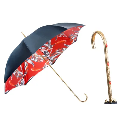 Zdjęcie Stylowy czarny parasol damski zdobiony motywem piór na czerwonym tle – Pasotti