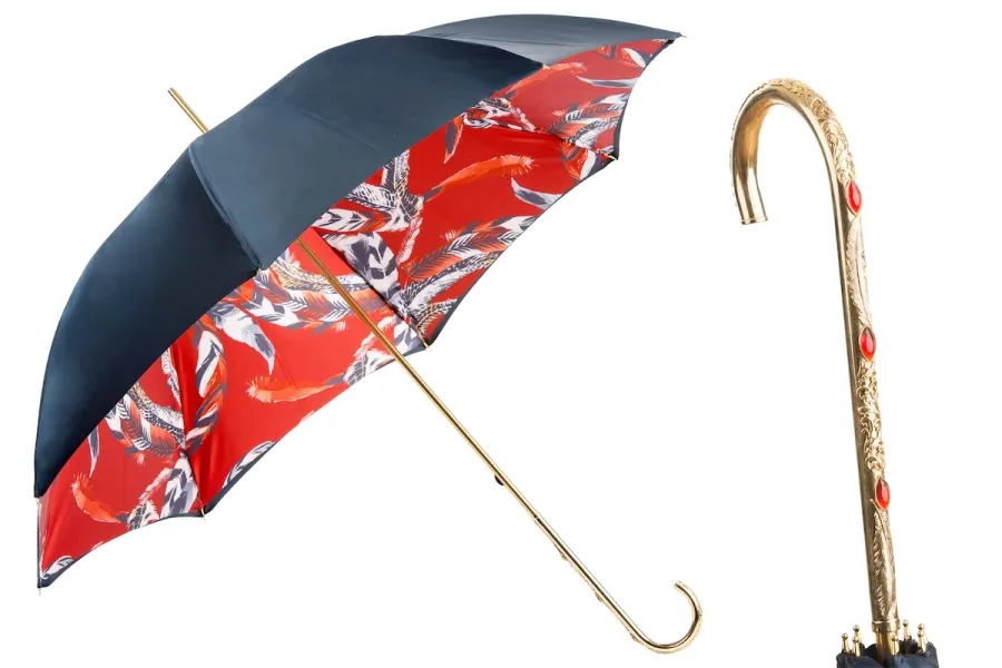 obrazek 1 Stylowy czarny parasol damski zdobiony motywem piór na czerwonym tle – Pasotti