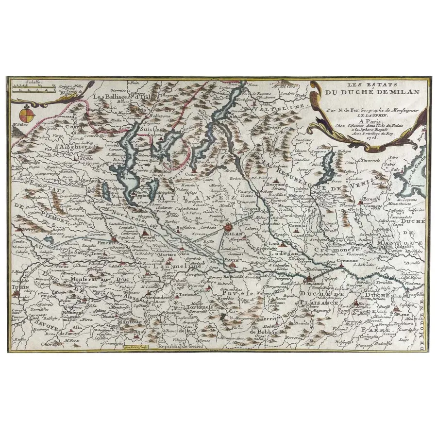 obrazek 1 Piękna antyczna mapa geograficzna Księstwa Mediolanu z XVIII wieku