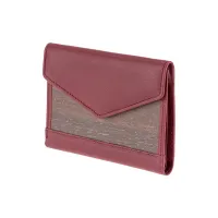 Picture A unique women's purse made of smooth wine-red leather and smoked oak wood