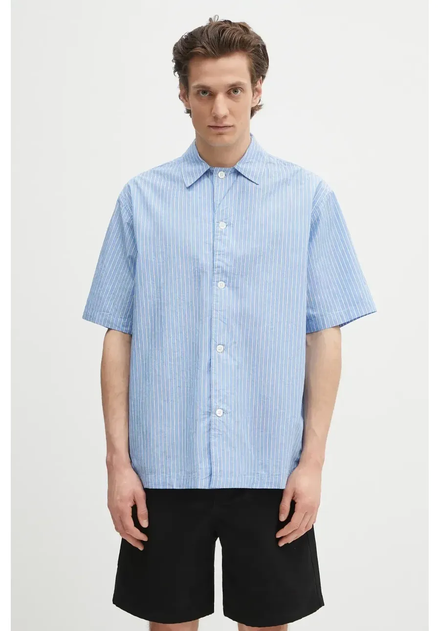 obrazek 1 Norse Projects koszula bawełniana Mads Poplin Stripe SS męska kolor niebieski relaxed z kołnierzykiem klasycznym N40.0831.7000
