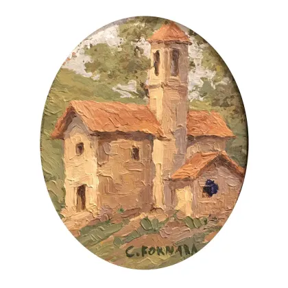 Picture Oil painting on oval cardboard depicting the church with bell tower in Prestinone in Val Vigezzo