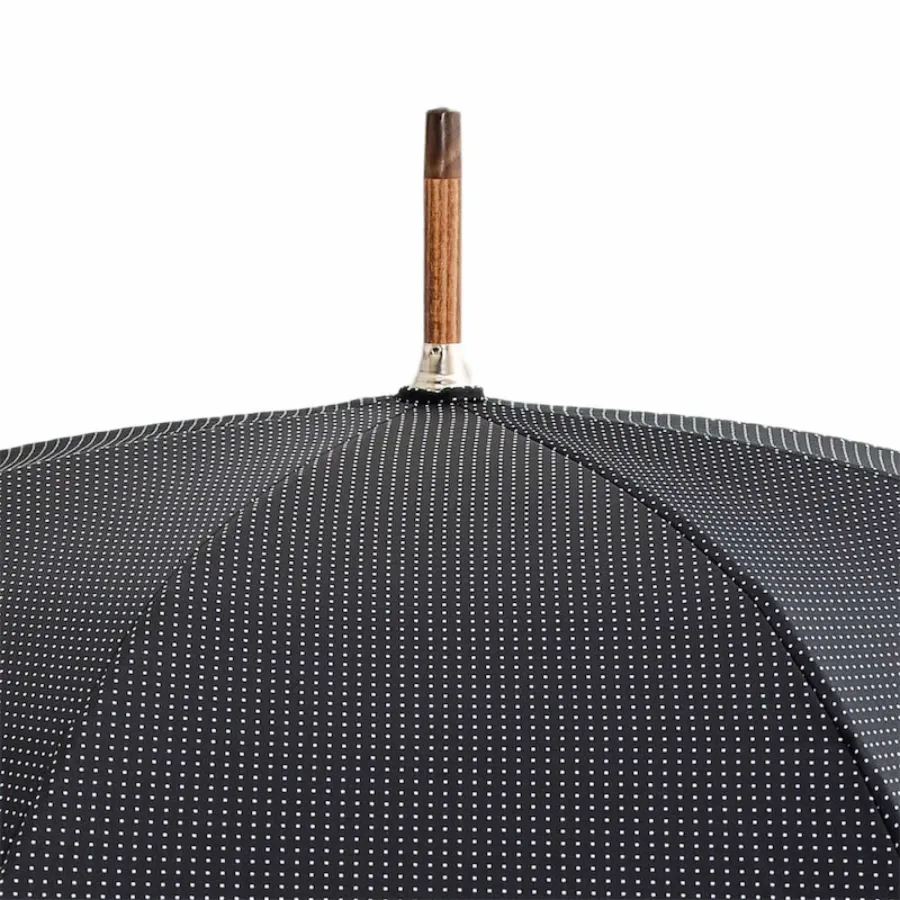 obrazek 4 Klasyczny czarny parasol męski w drobne kwadraciki ze skórzaną rączką - Pasotti