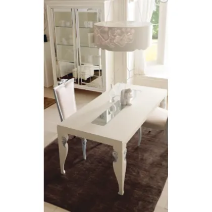 Picture Hervè extendable table 160-210x90, patinated white finish with silver details, top with mirror insert - Avenanti