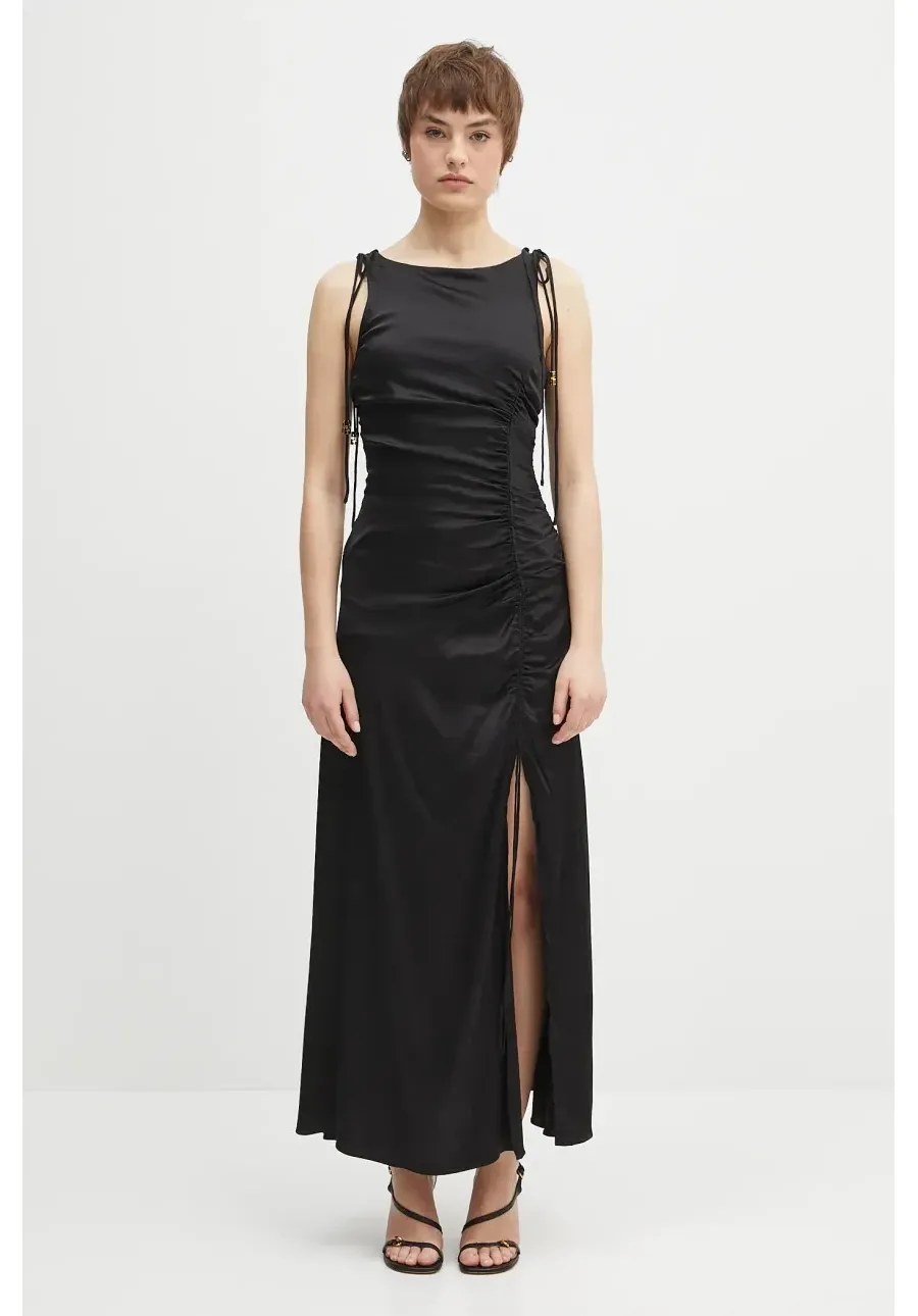 obrazek 1 GANNI sukienka Solid Satin Gathered Long kolor czarny maxi dopasowana W0381