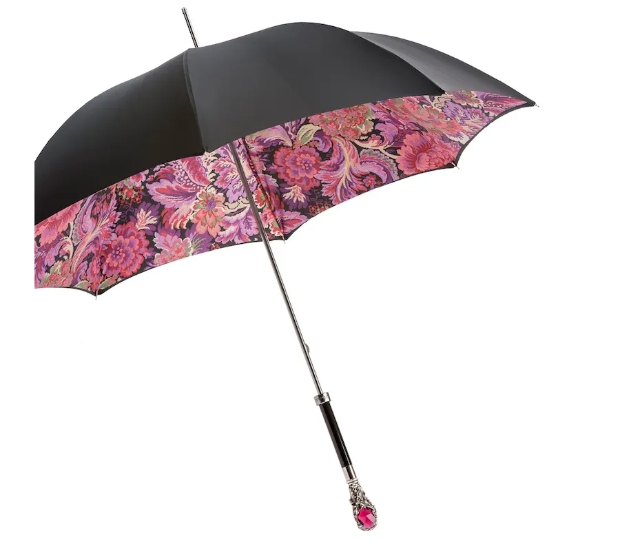 obrazek 7 Elegancki czarny parasol damski zdobiony pięknym motywem kwiatowym z bogato zdobioną rączką z klejnotami - Pasotti