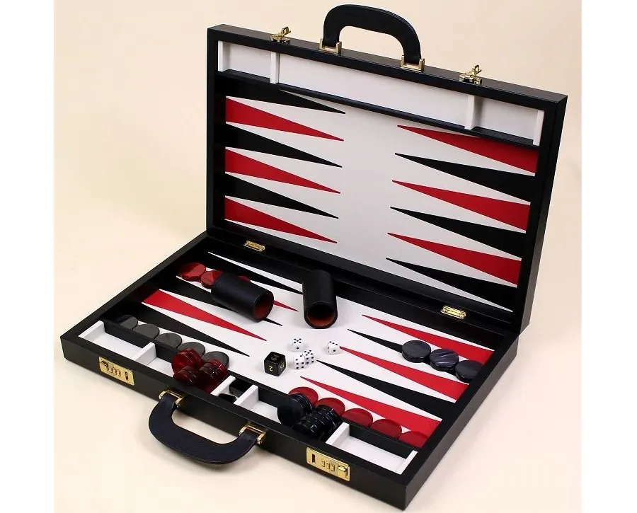 obrazek 1 Gra Backgammon z drewna i skóry w czarnym kolorze
