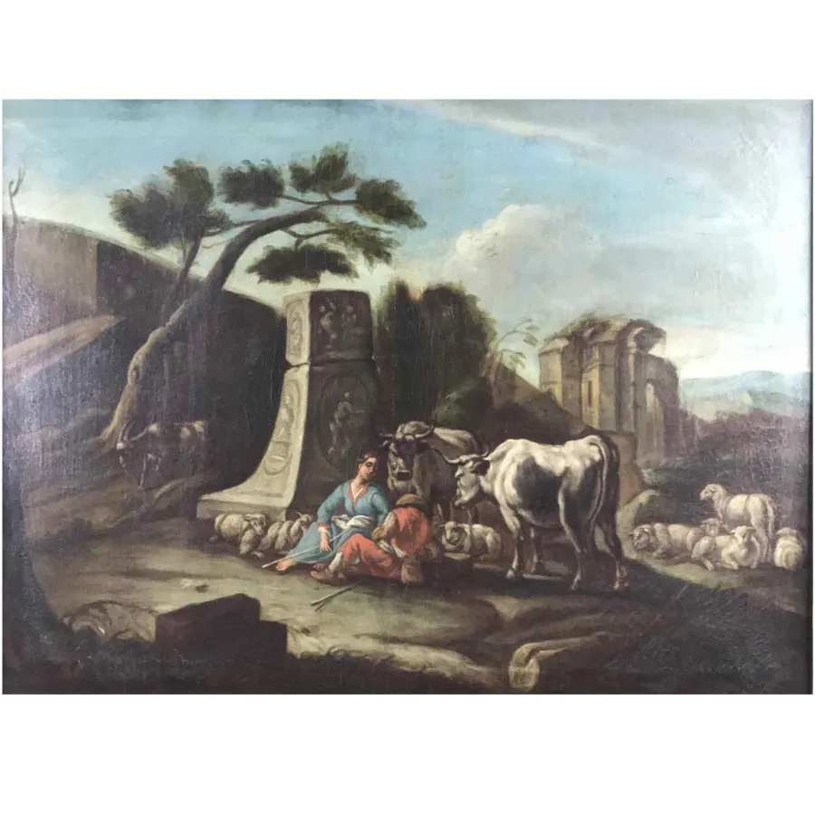 obrazek 2 Krajobraz z figurami ruin, stadami i pasterzami  z oryginalną ramą  z 1700roku