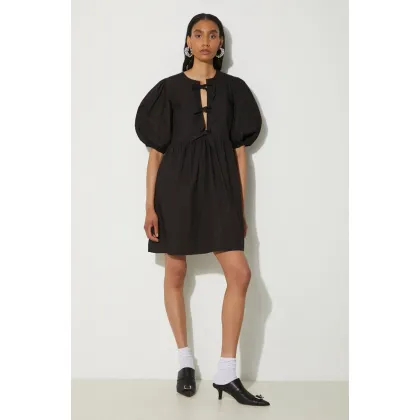 Zdjęcie GANNI sukienka bawełniana Cotton Poplin Tie String Mini Dress kolor czarny mini rozkloszowana F9005