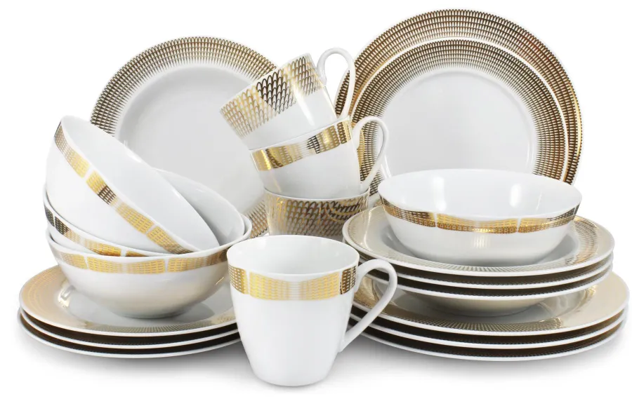 obrazek 1 Nowoczesna 20-częściowa zastawa obiadowa z porcelany ze złotym zdobieniem z kolekcji Angel wings – Leander