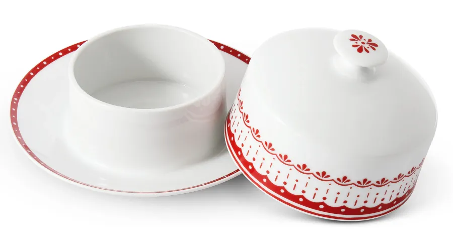 obrazek 2 Oryginalna okrągła maselniczka z porcelany zdobiona prostym czerwonym motywem – Leander