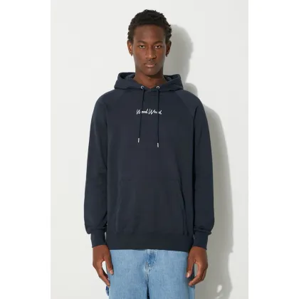 Zdjęcie Wood Wood bluza bawełniana Fred x Fila męska kolor granatowy z kapturem z nadrukiem 12045600.2474.NAVY-NAVY