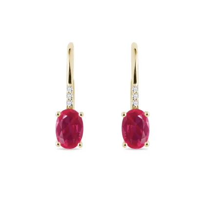 Zdjęcie Kolczyki wiszące z żółtego złota z owalnymi rubinami i diamentami KLENOTA