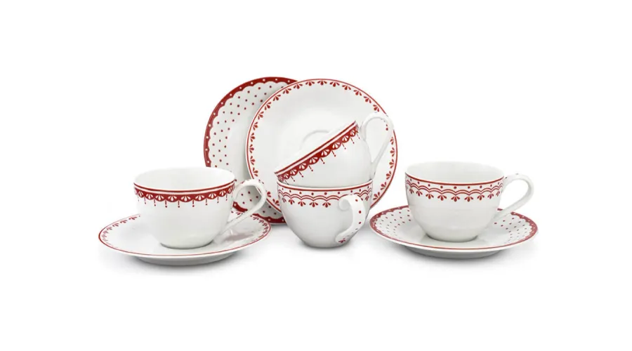 obrazek 1 Czeski zestaw czterech filiżanek ze spodkami z porcelany w kolorze czerwonym z wyjątkowym zdobieniem – Leander