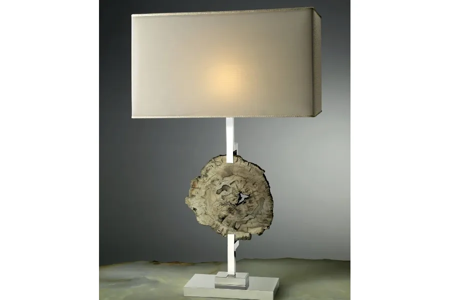 obrazek 1 Gustowna lampa stołowa z niklowanego mosiądzu i drewna kopalnego