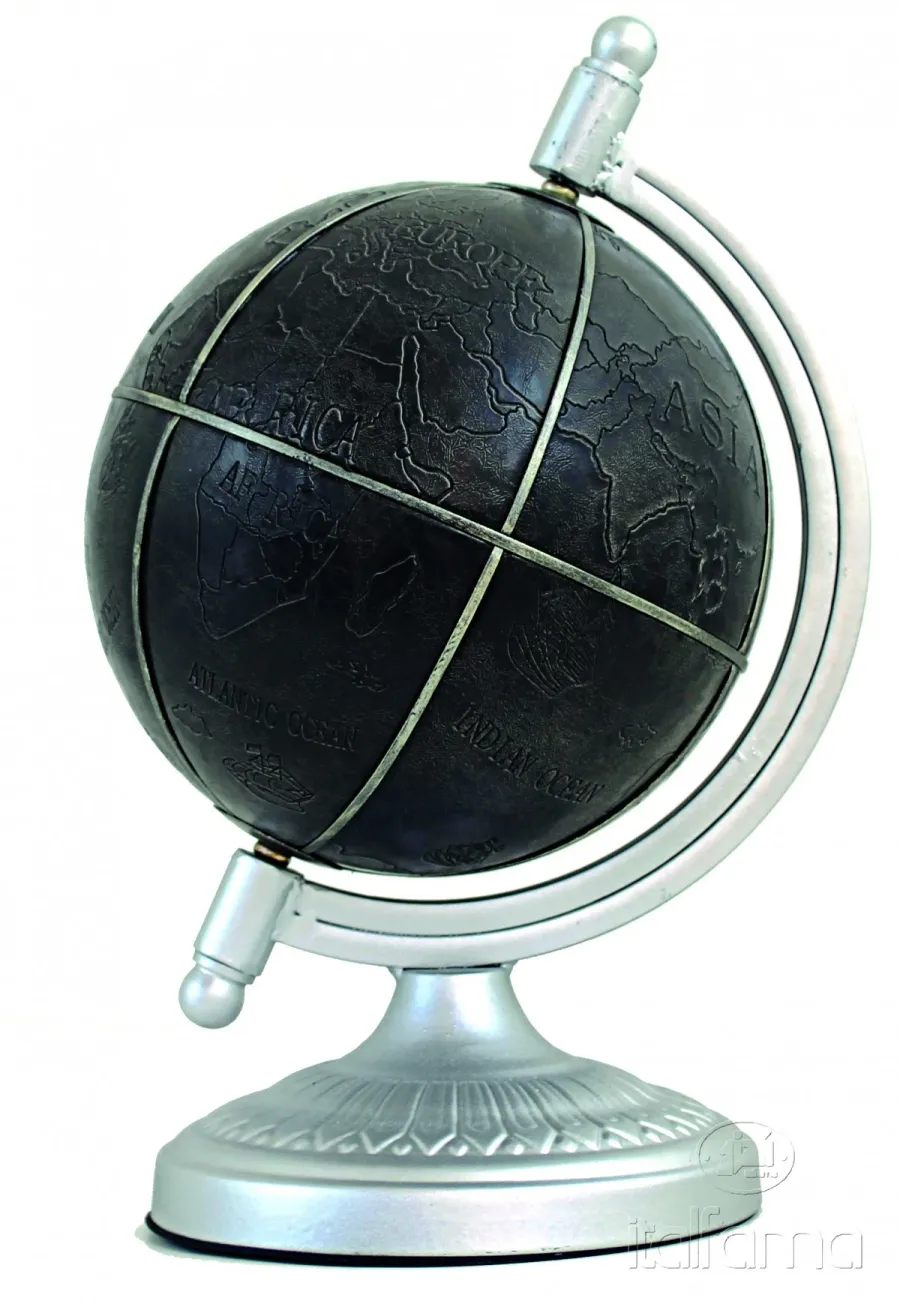 obrazek 1 Oryginalny globus ze skórzaną mapą w czarym kolorze oraz srebrną podstawą - h. 34 cm
