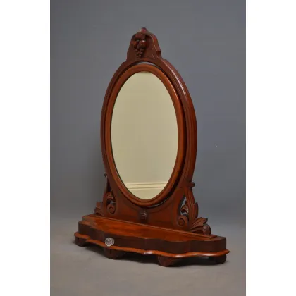 Zdjęcie Wuktoriańskie, mahoniowe lustro toaletowe z oryginalną owalną płytką i rzeźbionymi podporami - antyk