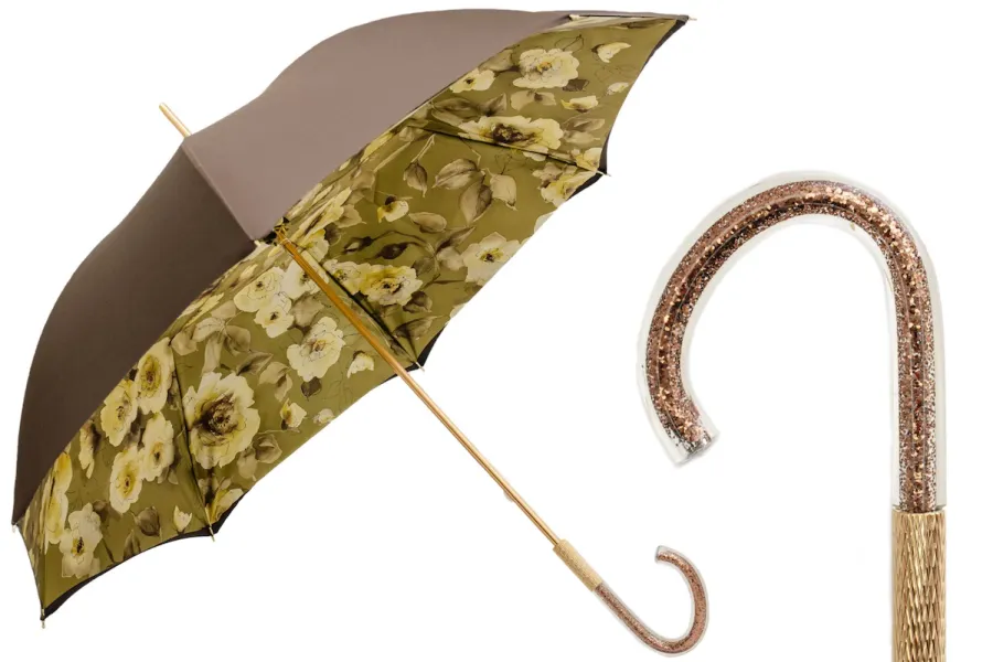 obrazek 1 Stylowy parasol damski w kolorze khaki zdobiony kwiatowym motywem - Pasotti