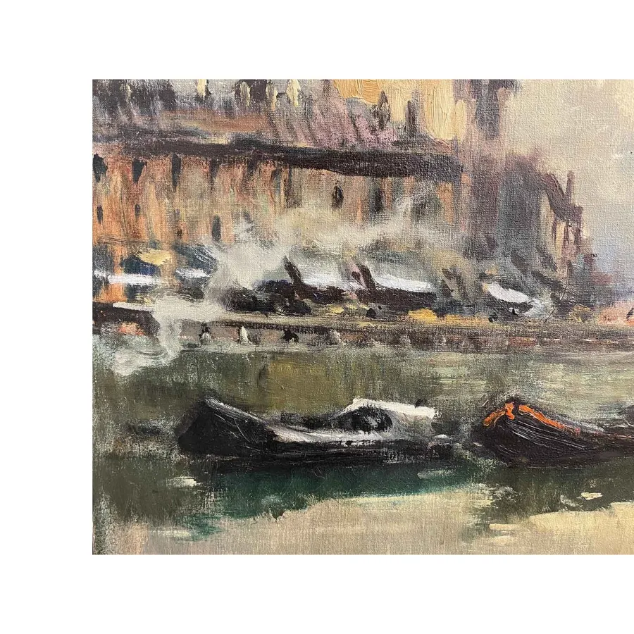 obrazek 4 Obraz olejny - widok Mediolanu przedstawiający kanał Ticinese Darsena Navigli z łodziami i budynkami, 1926 rok