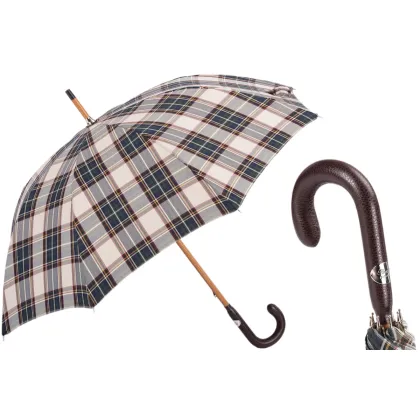 Picture Classic men's checked umbrella with a beautiful leather handle - Pasotti