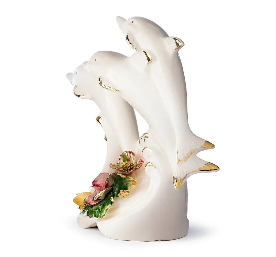 obrazek 4 Ceramiczna ozdoba z 3 delfinami i kwiatami do salonu