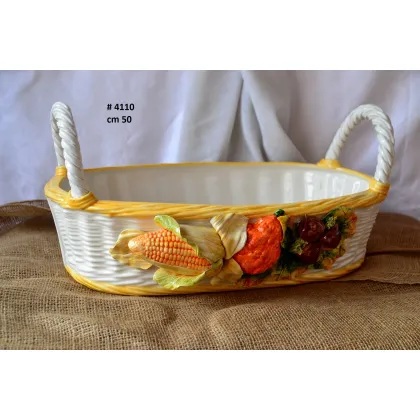 Picture An oval basket with two long handles decorated with autumn products