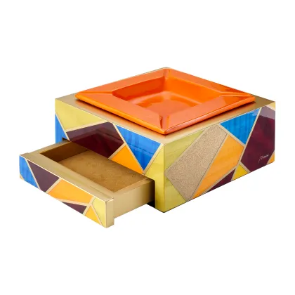 Picture Beautiful multicolored ashtray made of wood and ceramics
