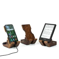 Zdjęcie Ekskluzywny stojak na telefon, iPada, tablet lub smartfon. Stojak na czytnik e-booków. Orzech amerykański. Fornir burl. Wykonane ręcznie.