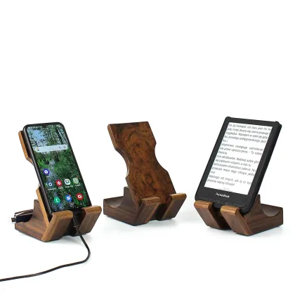 Zdjęcie Ekskluzywny stojak na telefon, iPada, tablet lub smartfon. Stojak na czytnik e-booków. Orzech amerykański. Fornir burl. Wykonane ręcznie.