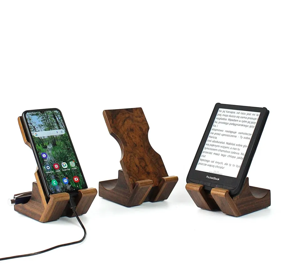 obrazek 1 Ekskluzywny stojak na telefon, iPada, tablet lub smartfon. Stojak na  czytnik e-booków. Orzech amerykański. Fornir burl. Wykonane ręcznie.