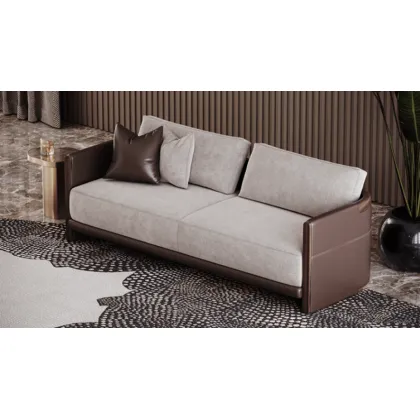 Zdjęcie Ekskluzywna tapicerowana sofa z drewnianą konstrukcją i metalowymi detalami