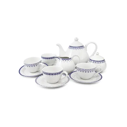 Zdjęcie Stylowy 11-elementowy zestaw do herbaty z porcelany w kolorze niebieskim z kolekcji HyggeLine – Leander