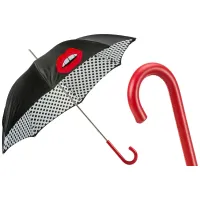 Zdjęcie Stylowy czarno biały parasol damski w czarne kropki zdobiony motywem ust – Pasotti