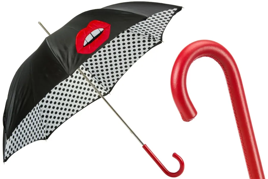 obrazek 1 Stylowy czarno biały parasol damski w czarne kropki zdobiony motywem ust – Pasotti